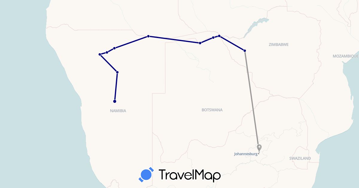 TravelMap itinerary: driving, plane in Botswana, Namibia, South Africa, Zimbabwe (Africa)